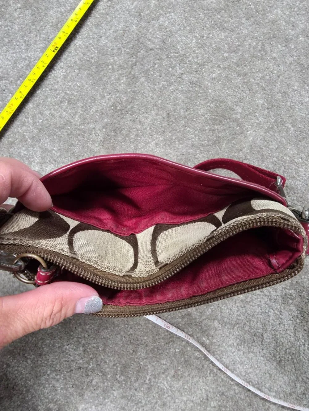 Coach Signature Swingpack Crossbody Bag Khaki & Red Adjustable Strap - Picture 7 of 11